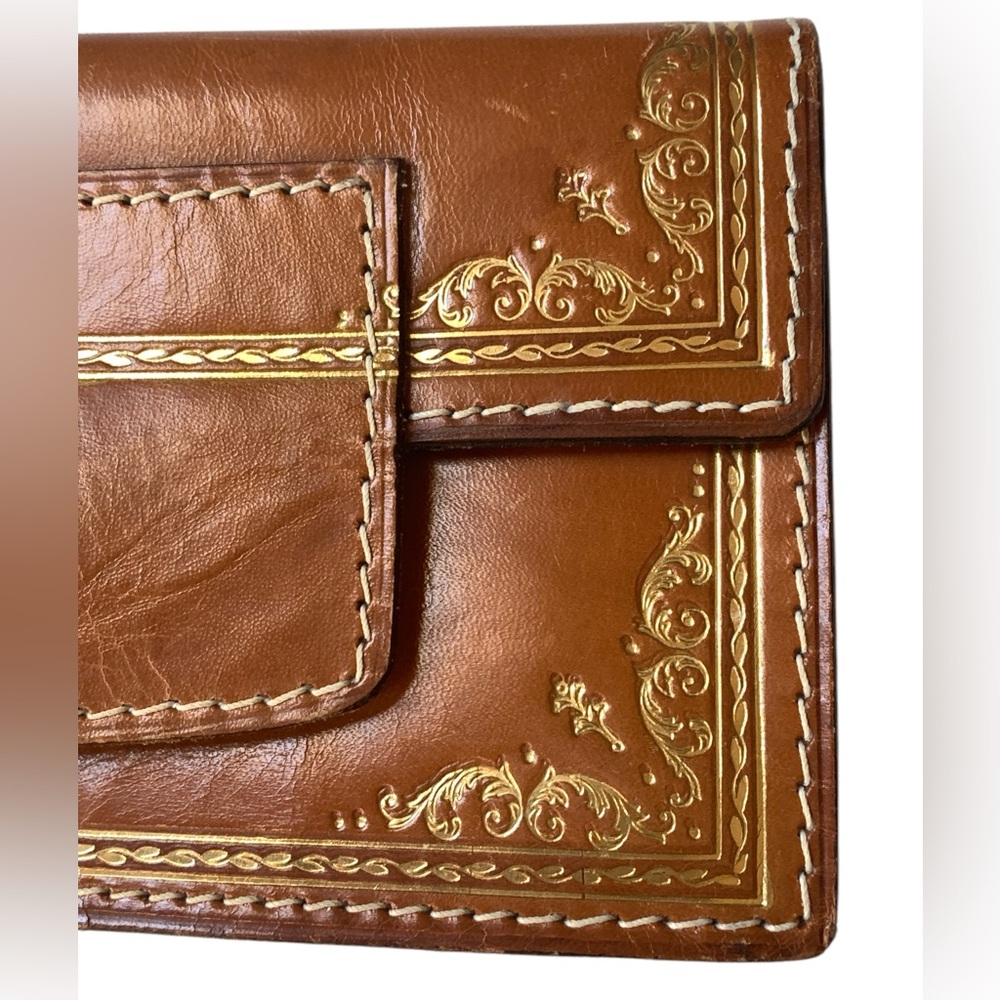 Embassy Made In Italy Vintage Brown Genuine Leather Wallet Clutch Gold Scrolling - Picture 2 of 7